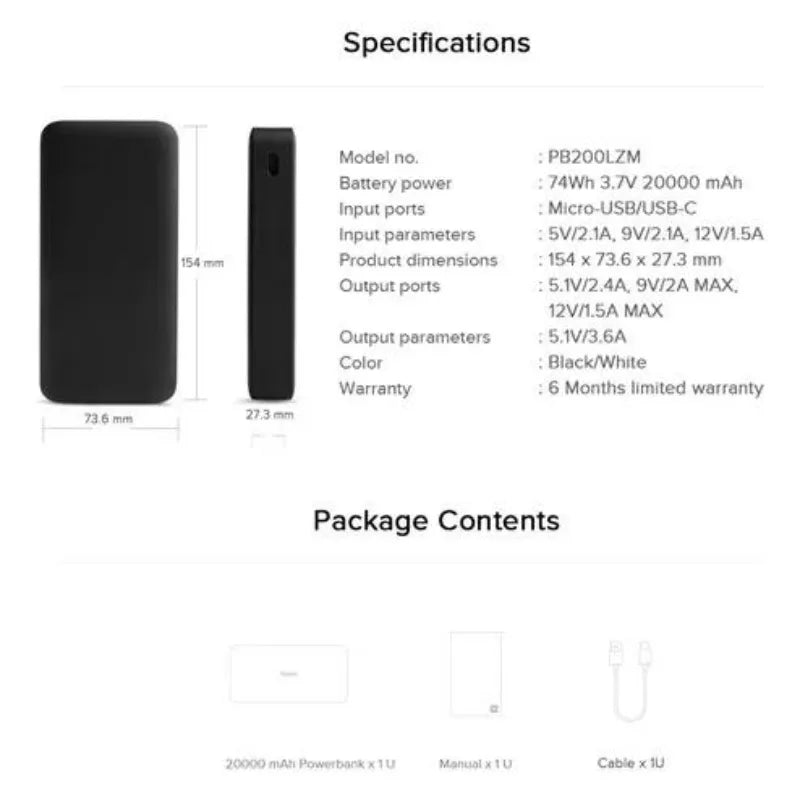 Carregador Portátil Externo 20.000mAh com Carregamento Rápido de 18W – Potência Extra para o Seu Dia