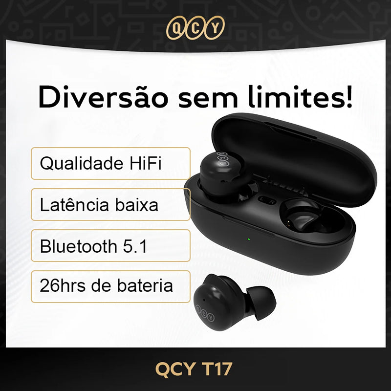 Fone de Ouvido Bluetooth QCY T17 TWS com Cancelamento de Ruído ENC, Modo Gamer e Estojo Recarregável – Pronta Entrega no Brasil