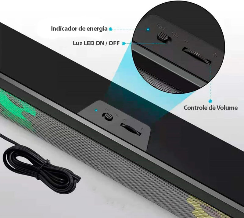 Caixa de Som Gamer 6W com LED RGB – Soundbar Hi-Fi Estéreo USB/P2 para TV, PC, Notebook, Celular e Tablet, Plug & Play, Cabo Longo