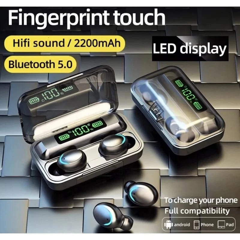 Fone de Ouvido Sem Fio F9-5 – Display LED, Estojo Power Bank, Áudio Premium Estéreo, Bluetooth