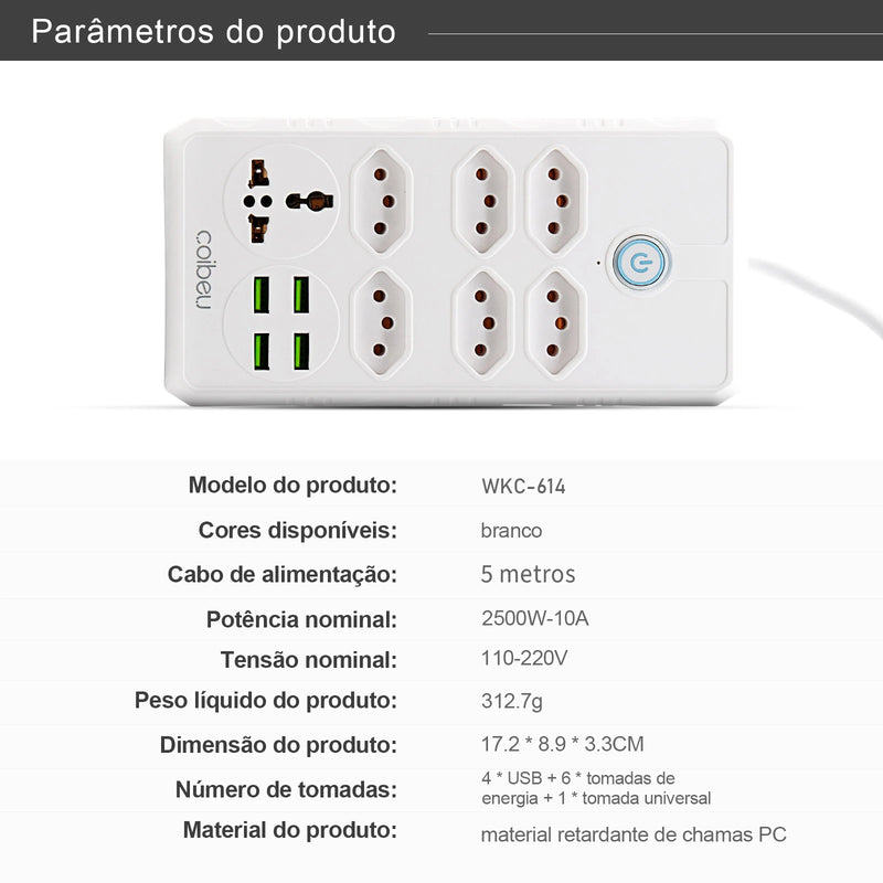 Extensão Elétrica 5m com Filtro de Linha + Saídas USB – Padrão Brasil