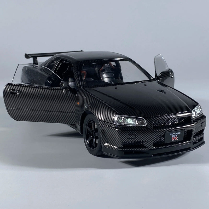 Modelo de Carro 1:24 Nissan GTR R34 Skyline – Fibra de Carbono, Liga de Metal, Miniatura Decorativa