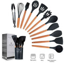 Conjunto 12 Peças de Utensílios de Cozinha em Silicone com Cabo de Madeira – Espátulas, Colheres, Batedor de Ovos e Mais | Antiaderente e Resistente ao Calor