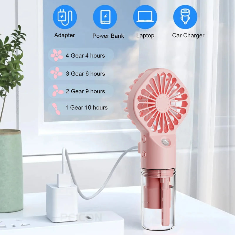 Ventilador Portátil com Umidificador – Mini Ventilador USB Recarregável com Névoa de Água | Ideal para Viagens, Trabalho e Uso Pessoal