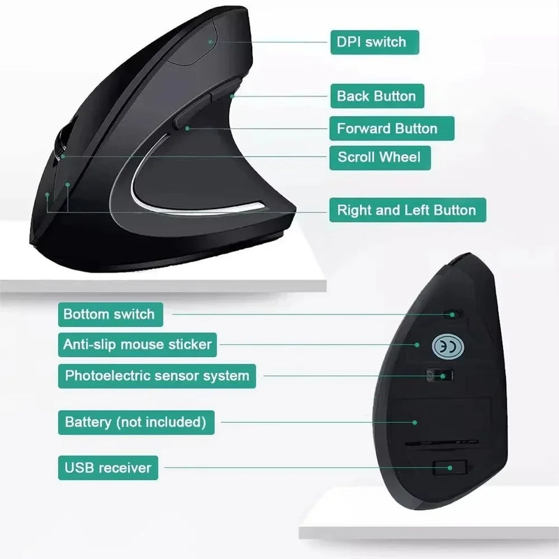Mouse Vertical Ergonômico Sem Fio 2.4GHz – Conforto Avançado, 6 Botões e DPI Ajustável para Notebook e PC