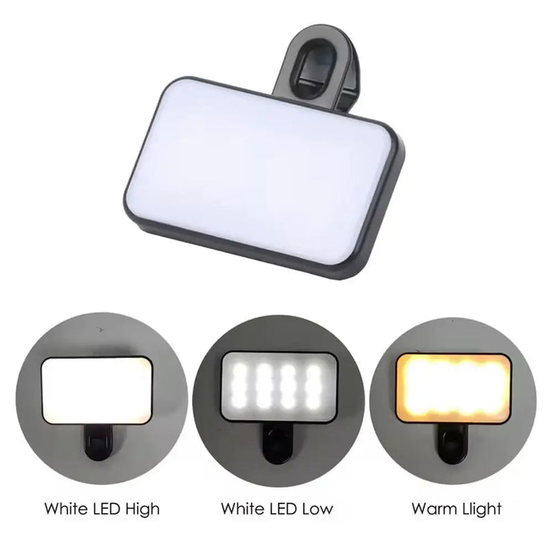 Luz de Preenchimento para Videoconferência com Clipe – LED 3 Cores, Bateria Recarregável, Para Celular, Notebook e Monitor