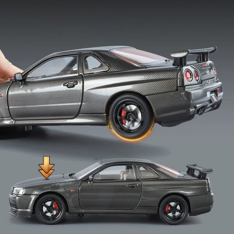 Modelo de Carro 1:24 Nissan GTR R34 Skyline – Fibra de Carbono, Liga de Metal, Miniatura Decorativa