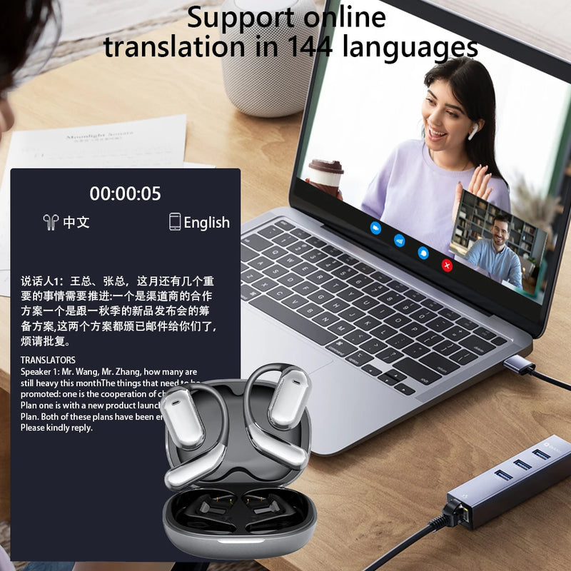 Fones Tradutores AI Bluetooth 5.4 – Tradução em Tempo Real, Touch Screen, À Prova d’Água, Open-Ear