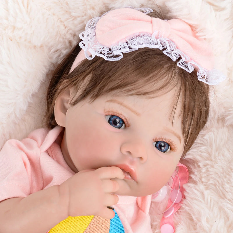Boneca Reborn Realista 48cm – Olhos Azuis, Corpo de Silicone que Pode Ir ao Banho | Envio Rápido do Brasil
