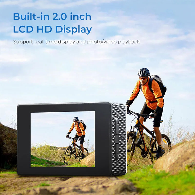 Câmera de Ação 4K Ultra HD com Case à Prova d’Água – Gravação em Vídeo, Tela 2.0", 3MP, Bateria 900mAh, Ideal para Esportes e Aventuras ao Ar Livre