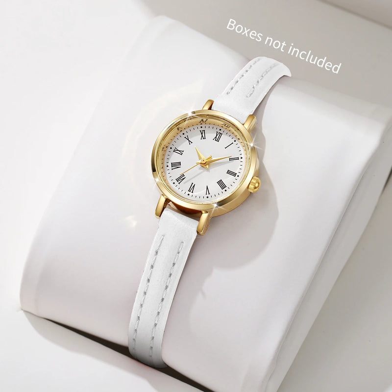 Relógio Feminino Elegante – Mostrador Romano Pequeno, Pulseira de Couro, Estilo Clássico e Sofisticado