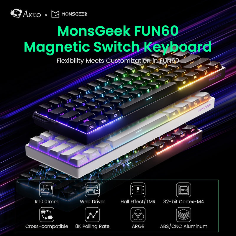 Teclado Mecânico Gamer Akko MonsGeek FUN60 – 60%, Switch Magnético, Rapid Trigger 0.01mm, ARGB 8K, Personalizável HE/TMR