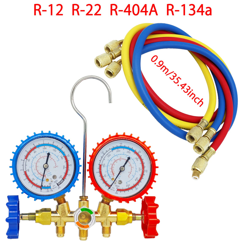 Kit Manômetro para Refrigeração e Ar Condicionado – Compatível com R-12, R-22, R-404A, R-134a | Com Mangueiras, Acopladores Ajustáveis e Adaptador para Recarga