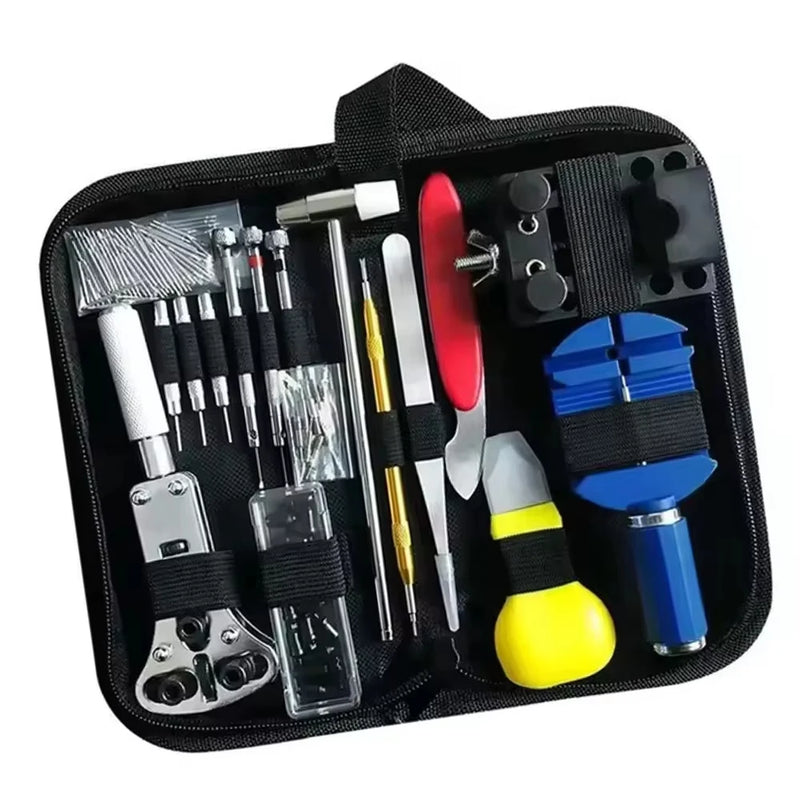 Kit Completo 147 Peças para Reparo de Relógios – Abridor de Caixa, Ferramentas de Ajuste de Pulseira, Chaves de Fenda e Bolsa Organizadora