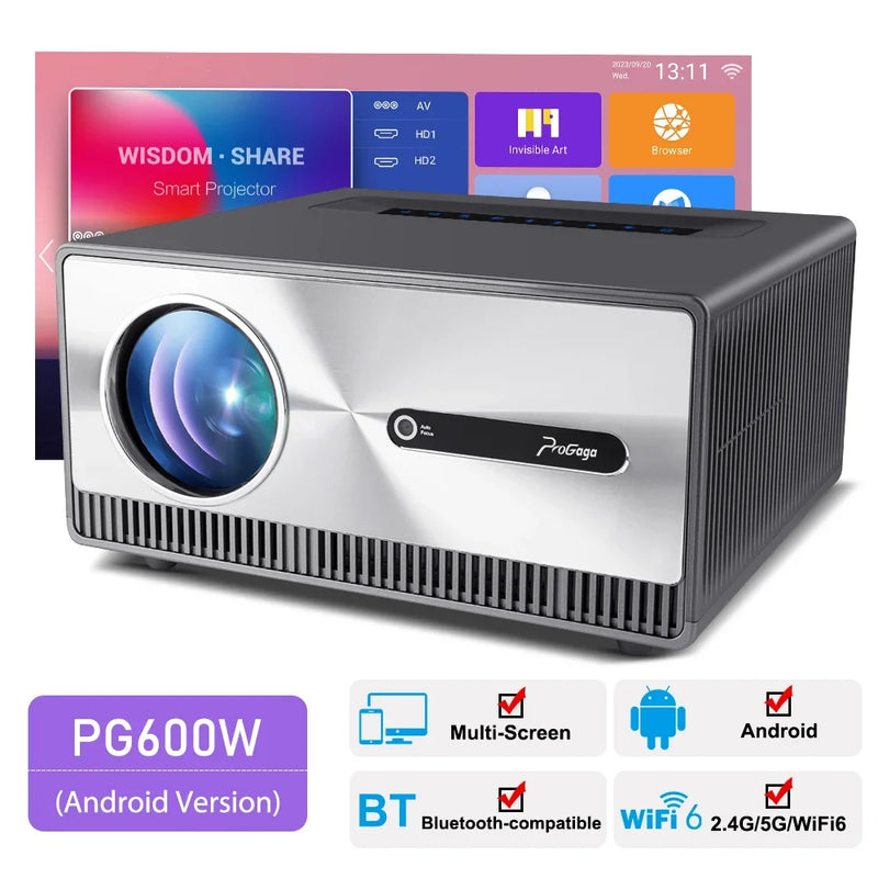 Projetor PG600W Full HD 1080p Nativo – Android, 4K, Wi-Fi 5G, Auto Foco, 3D, Cinema em Casa e Uso Externo