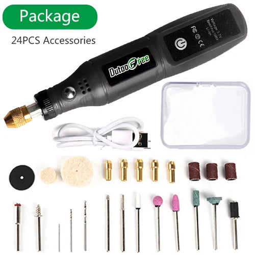 Kit Mini Ferramenta Rotativa Sem Fio USB – Caneta de Gravação para Madeira, Joias, Metal e Vidro + 24 Acessórios