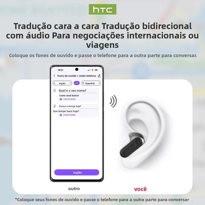 HTC NE20 Fones Bluetooth V6.0 – AI Tradutor, Touch Screen LCD, Wireless, Som Estéreo HD, Uso Esportivo e Longa Duração