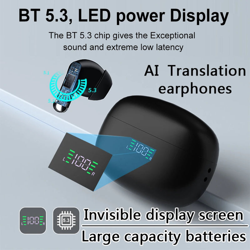 Fones Tradutores AI Bluetooth 5.4 – Tradução em Tempo Real 144 Idiomas, Viagens e Negócios