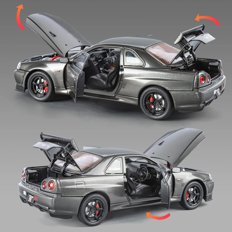Modelo de Carro 1:24 Nissan GTR R34 Skyline – Fibra de Carbono, Liga de Metal, Miniatura Decorativa