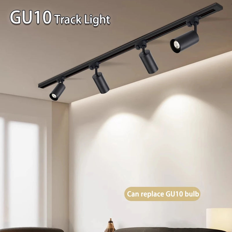 Kit Completo de Trilho com Spots LED — Iluminação de Teto com Lâmpadas GU10 Substituíveis para Sala e Quarto