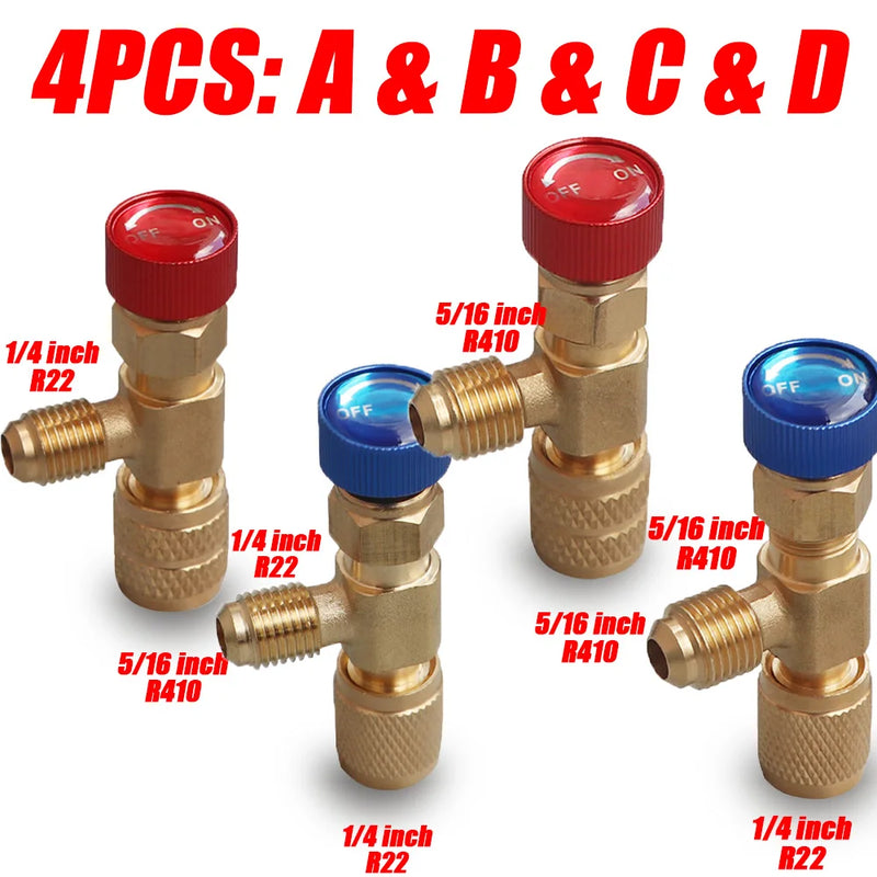 1, 2 ou 4 Válvulas de Segurança para Carga de Gás R410A/R22 – Rosca 1/4" | Adaptador para Ar-Condicionado e Refrigeração
