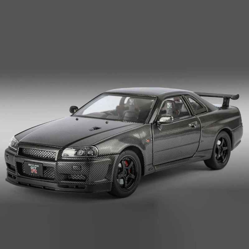 Modelo de Carro 1:24 Nissan GTR R34 Skyline – Fibra de Carbono, Liga de Metal, Miniatura Decorativa