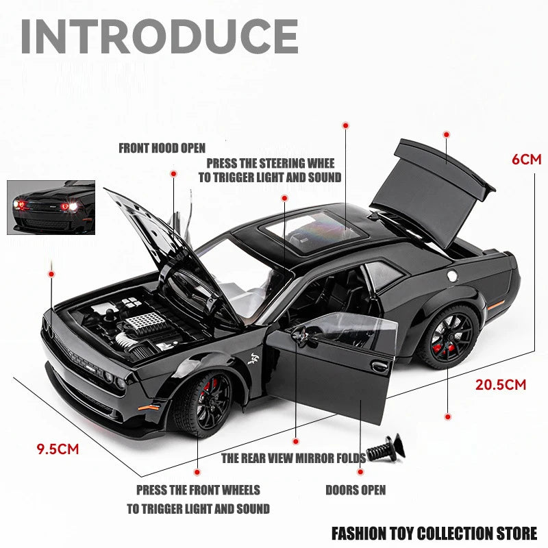 Carro Modelo 1:24 Dodge Challenger Hellcat – Diecast com Som, Luz e Pull-Back