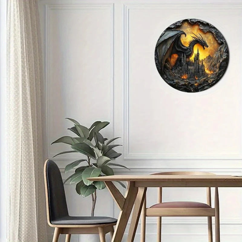 Placa Redonda 2D de Madeira – Dragão Sombrio, Decoração de Parede para Casa, Bar, Clube ou Presente