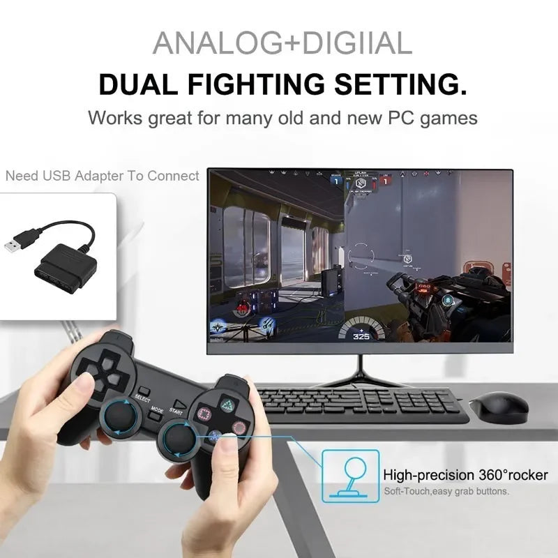 Gamepad Sem Fio PS2 – Joystick 2.4G com Vibração para PS2 e PC