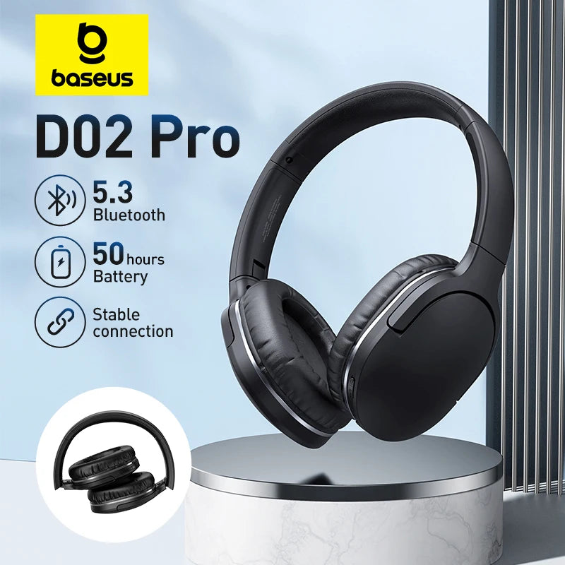 Fone de Ouvido Bluetooth Baseus D02 Pro – Som Hi-Fi Estéreo, Dobrável, com Cabo de Áudio, Compatível com iPhone, Tablet e Outros Dispositivos