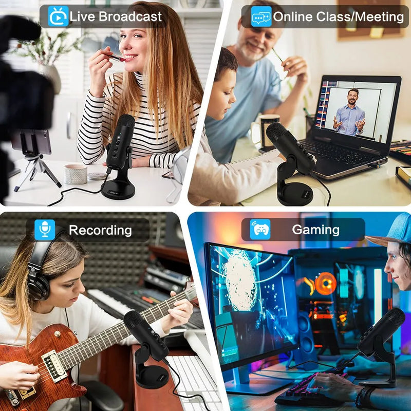 Microfone USB Condensador Haomuren para PC, Mac, Celular | Ideal para Gravações, Streaming, Podcasts e Jogos