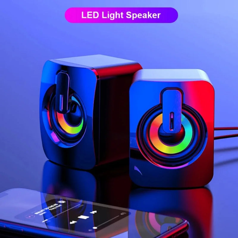 Caixa de Som USB para PC com LED – Som Estéreo Hi-Fi, Microfone Integrado e Subwoofer para Desktop
