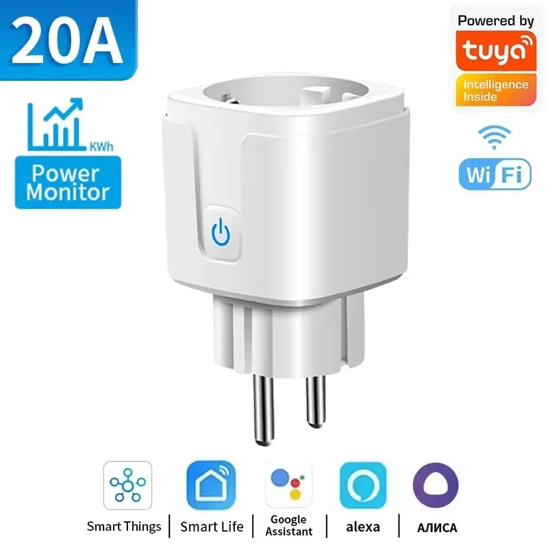 Tomada Inteligente Tuya WiFi EU 16A/20A com Monitoramento de Energia – Controle Remoto via App, Timer e Voz (Alexa/Google Home)
