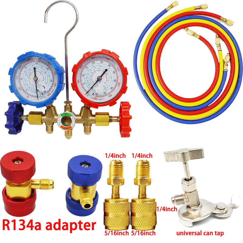 onjunto de Manômetro com Mangueiras para Refrigeração e Ar Condicionado – Compatível com R410A, R22, R134a, R404A | Com Acopladores Ajustáveis e Válvula para Recarga