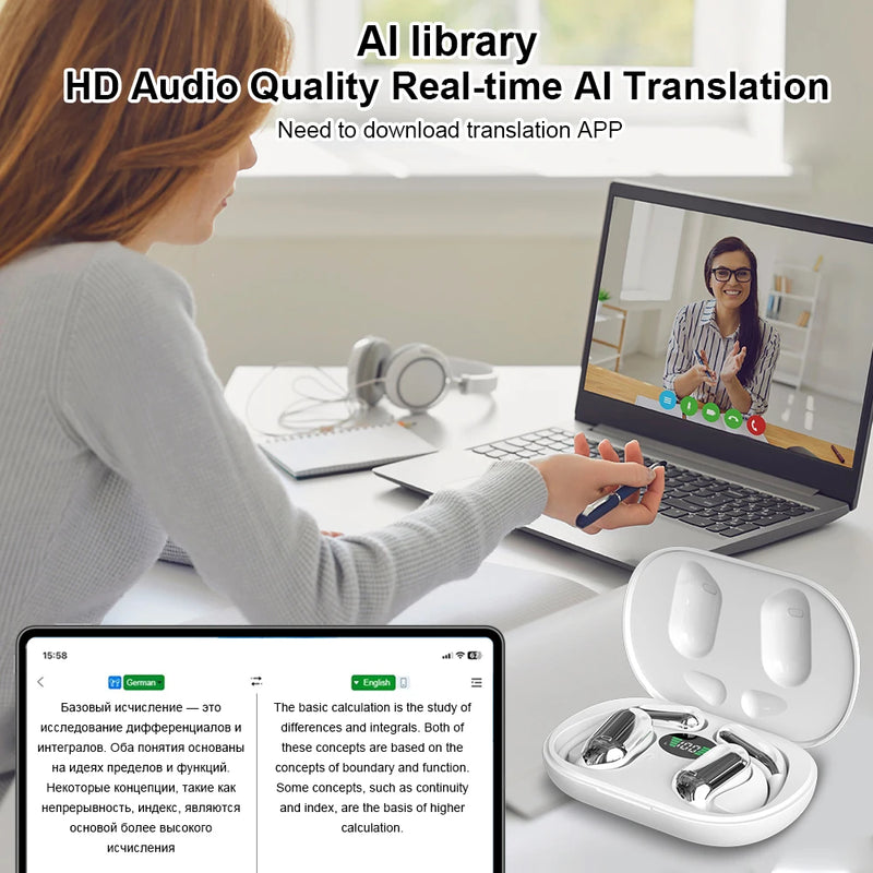 Fones Tradutores Inteligentes com IA – 144 Idiomas em Tempo Real, Fones Bluetooth 3 em 1 para Viagem, Estudos e Negócios