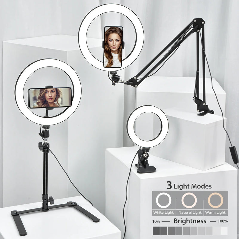 Ring Light LED com Tripé e Suporte para Celular – Iluminação Profissional para Fotos, Vídeos, Lives e Maquiagem