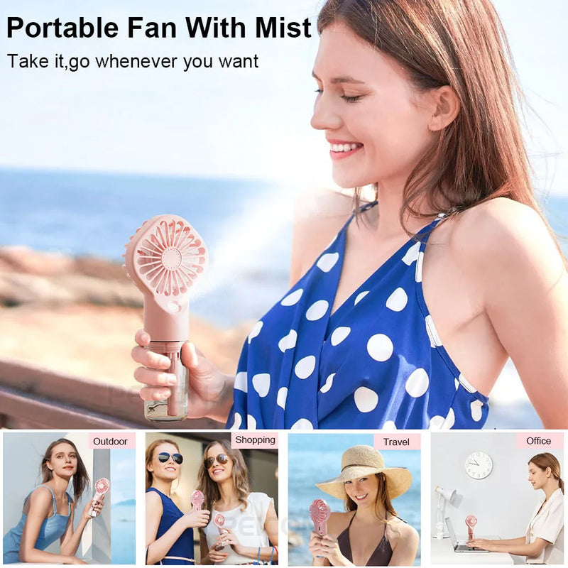 Ventilador Portátil com Umidificador – Mini Ventilador USB Recarregável com Névoa de Água | Ideal para Viagens, Trabalho e Uso Pessoal