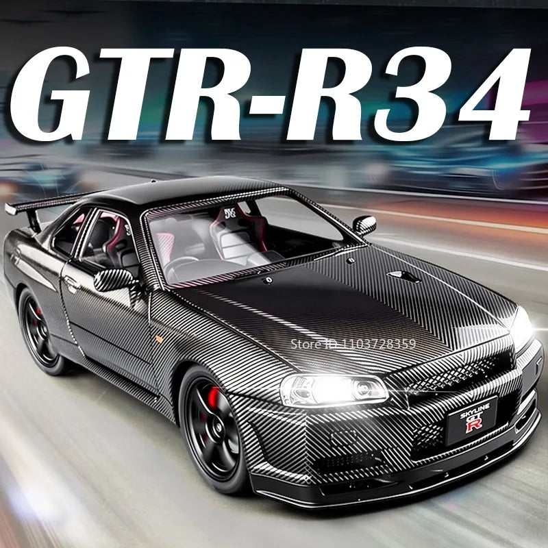 Carro Modelo 1:24 Nissan GTR R34 – Diecast com Som, Luz e Portas Abríveis