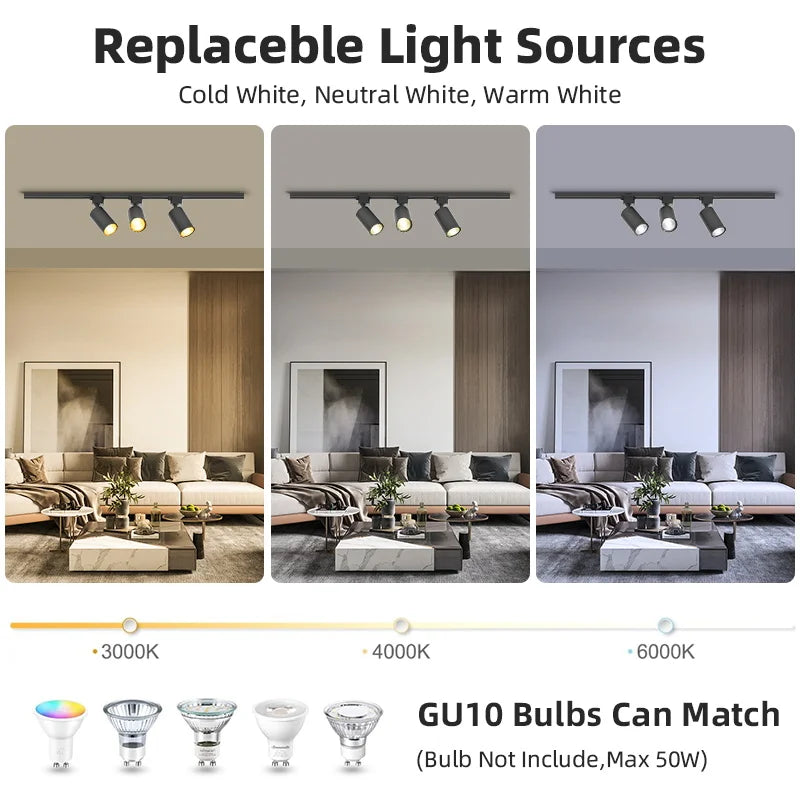 Kit Completo de Trilho com Spots LED — Iluminação de Teto com Lâmpadas GU10 Substituíveis para Sala e Quarto