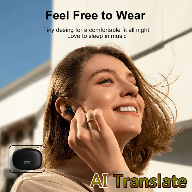 Fones Tradutores AI Bluetooth 5.4 – Tradução em Tempo Real 144 Idiomas, Viagens e Negócios