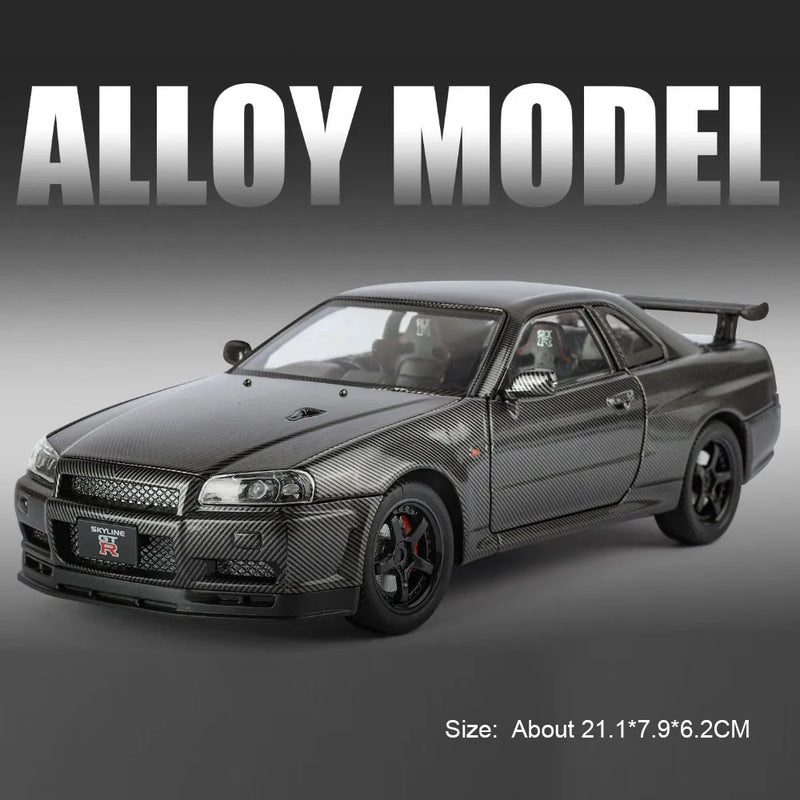 Carro Modelo 1:24 Nissan GTR R34 – Diecast com Som, Luz e Portas Abríveis