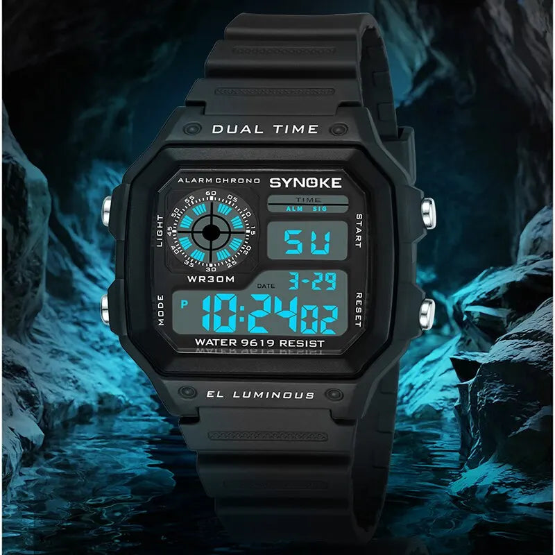 Relógio Masculino Digital Militar SYNOKE – Esportivo, Cronômetro, à Prova d’Água e com Iluminação Noturna