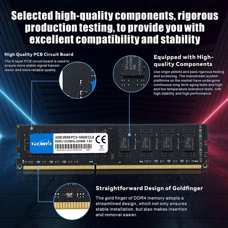 Memória RAM TECMIYO DDR3/DDR3L 8GB ou 4GB 1600/1333MHz DIMM para Desktop – 1.35V/1.5V PC3 – Preto