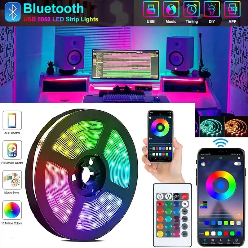 Fita LED RGB 5050 Inteligente – Controle via APP Bluetooth e Controle Remoto, USB 5V, Flexível para Decoração de Quartos e Natal