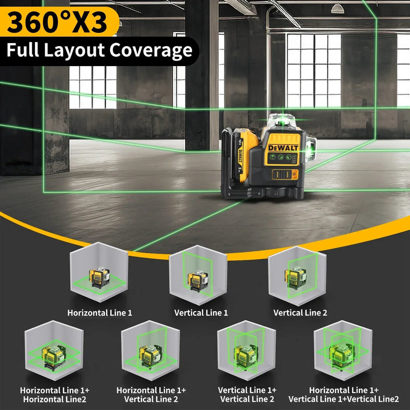 Nível Laser Dewalt DW089LG 12V – 12 Linhas Verdes, 360° Vertical e Horizontal, Bateria de Lítio