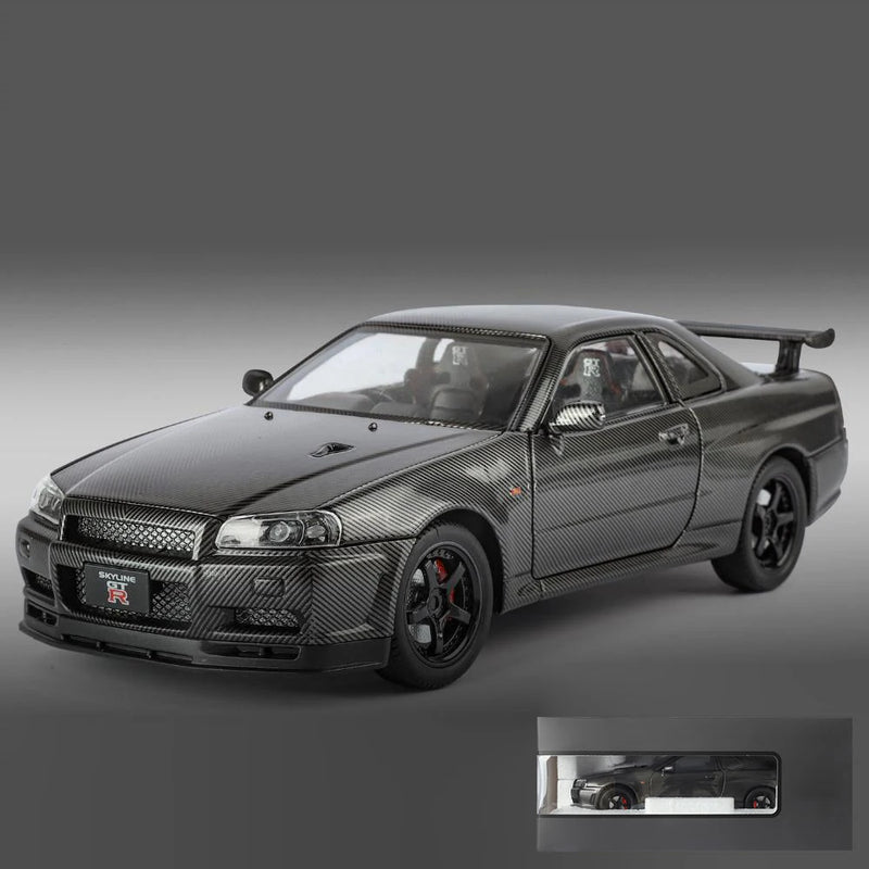 Modelo de Carro 1:24 Nissan GTR R34 Skyline – Fibra de Carbono, Liga de Metal, Miniatura Decorativa