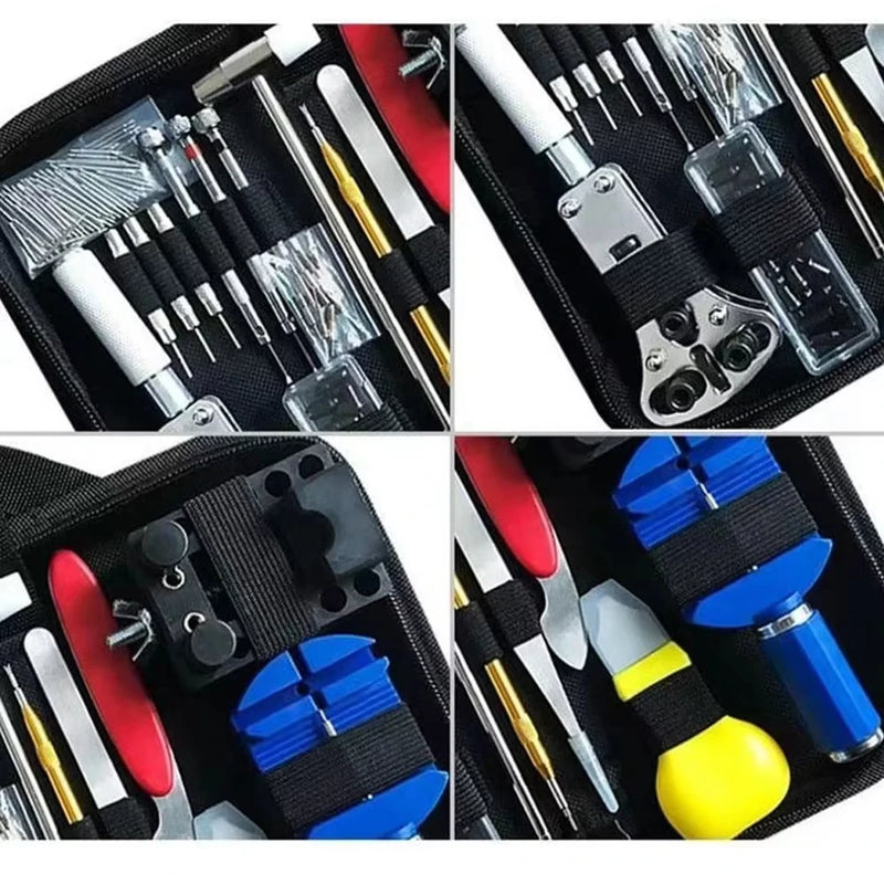 Kit Completo 147 Peças para Reparo de Relógios – Abridor de Caixa, Ferramentas de Ajuste de Pulseira, Chaves de Fenda e Bolsa Organizadora