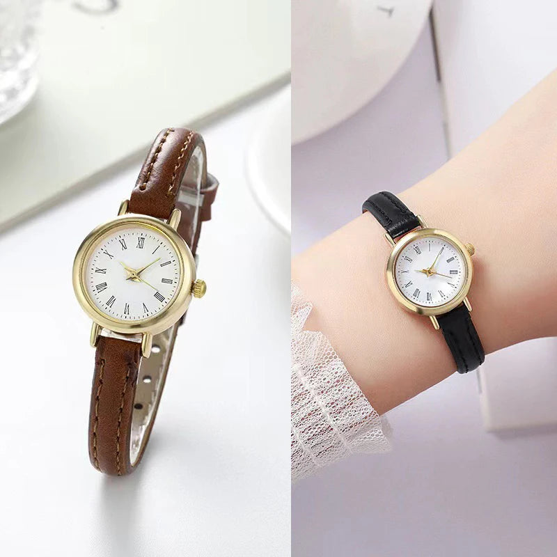 Relógio Feminino Elegante – Mostrador Romano Pequeno, Pulseira de Couro, Estilo Clássico e Sofisticado