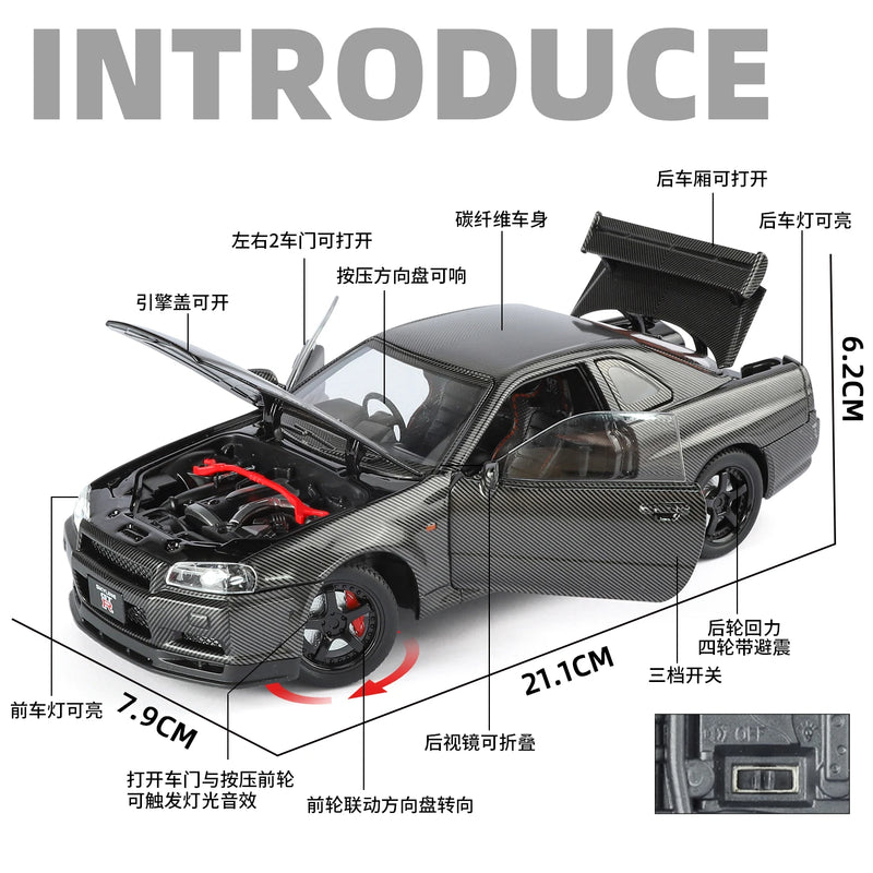 Modelo de Carro 1:24 Nissan GTR R34 Skyline – Fibra de Carbono, Liga de Metal, Miniatura Decorativa