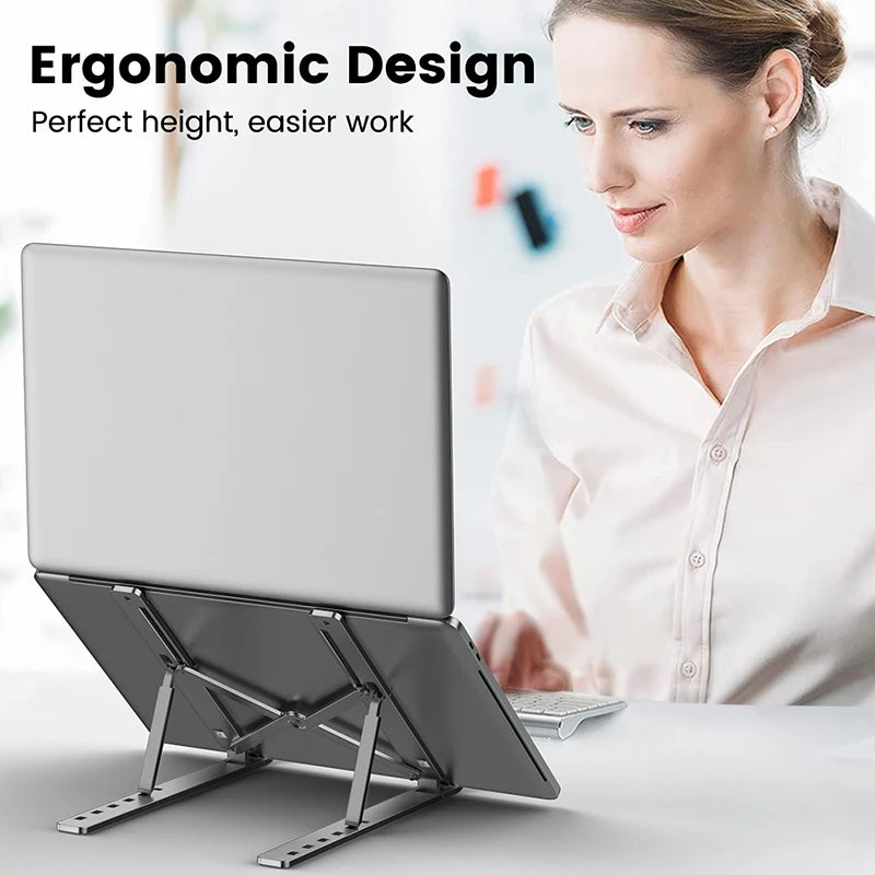 Suporte para Notebook em Alumínio – Ajustável, Dobrável, Portátil e Antiderrapante com Sistema de Resfriamento